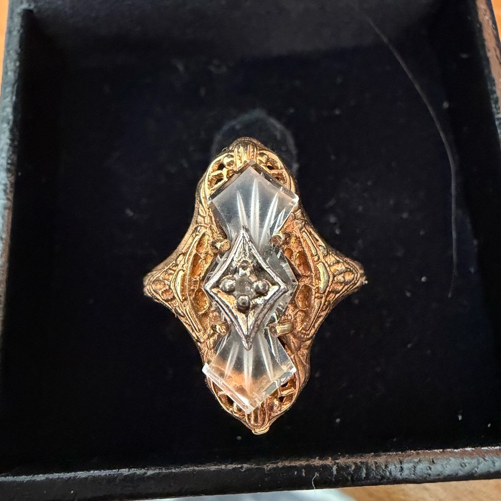 Vintage Camphor Glass Ring Filigree Art Deco/Edwardian Statement Size 4.5